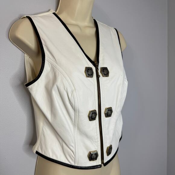 Cache Vintage White Leather Vest Full Zip Crest Gold Buttons Detail Stretch - Picture 6 of 13